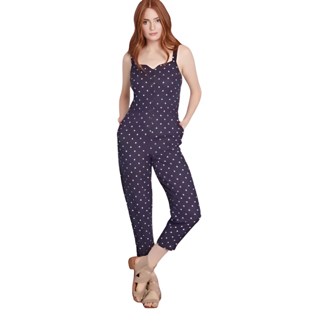 MODCLOTH Every Waking Momentum Navy Polka Dot Jumpsuit